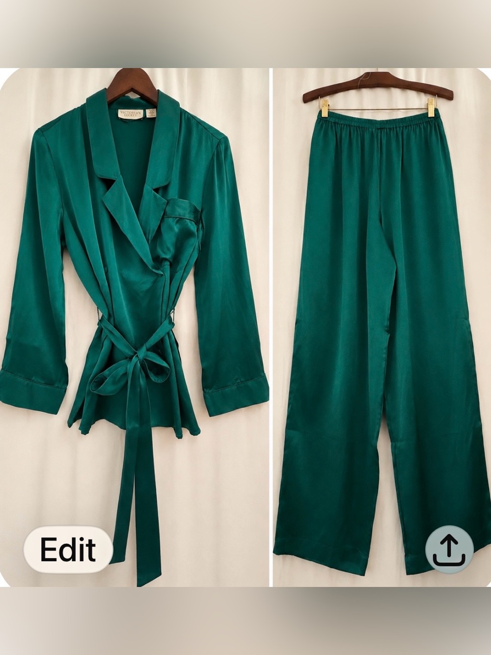 NWOT Victoria's Secret Vintage 100% Silk Top and Pants Pajama Set - Green - M